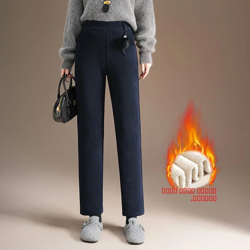 

Женские повседневные облегающие брюки на подкладке с высокой талией, теплые бархатные хлопковые прямые брюки-дудочки, зимняя мода