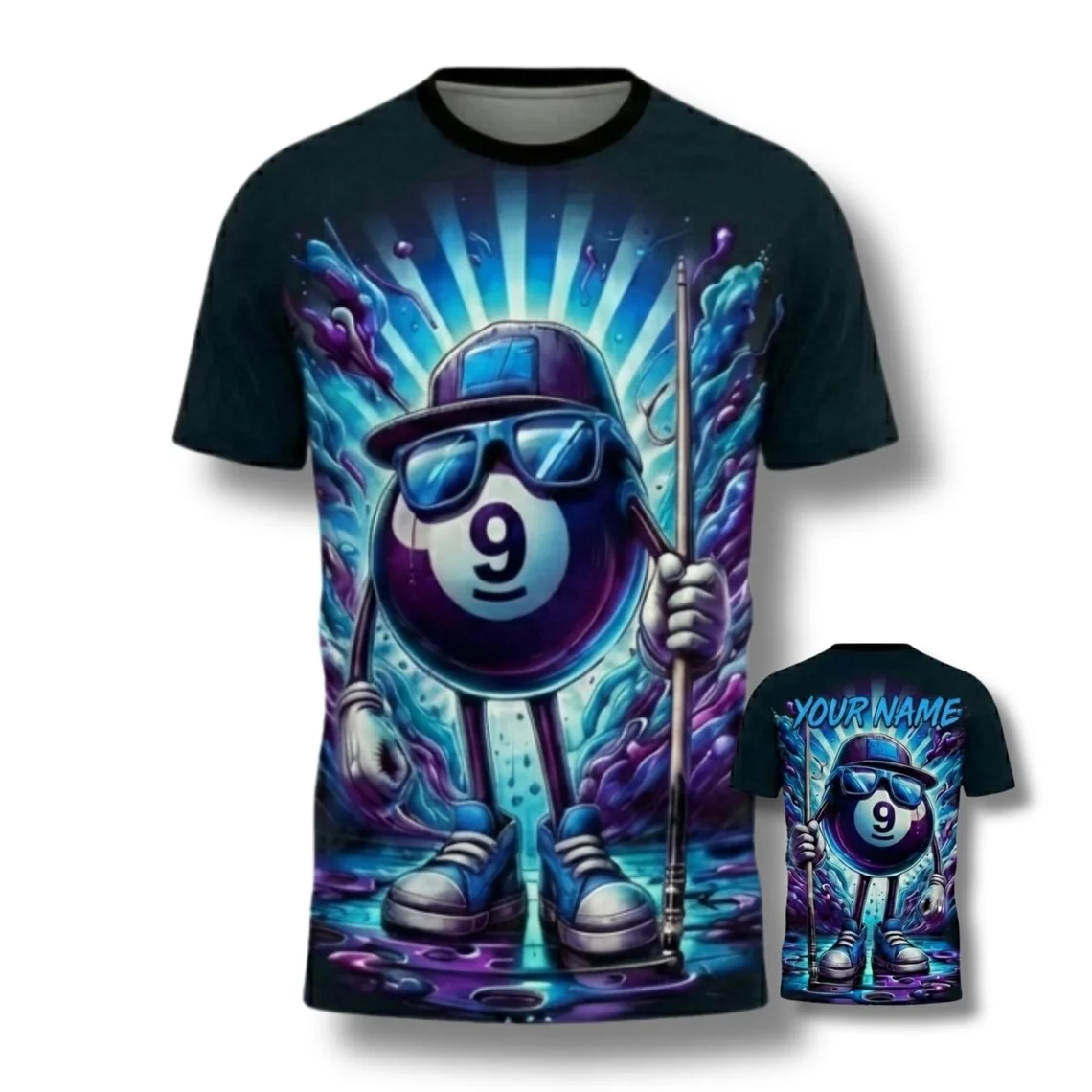 Personalized 8 Ball Cartoon T-Shirt, Custom Billiards Gift,Custom Name Number Sleeve Summer Unisex T-shirt