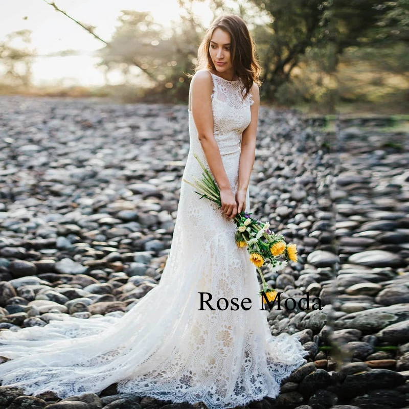 Rose Moda Sleeveless Lace Boho Wedding Dress with Criss Cross Back Bohemian Bridal Gown Custom Make