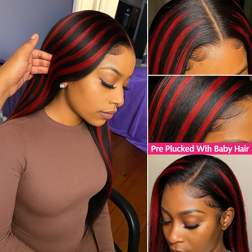 5x5 투명 전면 레이스 스트레이트 붉은색 검은색 머리 가발 180% 밀도 200% 밀도 여성용 정면 레이스 브라질리언 헤어 가발