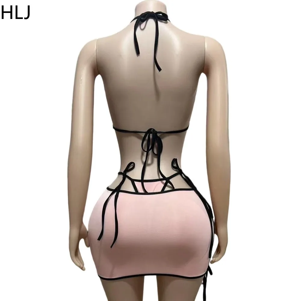 HLJ Pink Sexy Holiday Babes Style Bikini Skirt Three-piece Sets Sweet Fashion Lady Swimwear Backless Bathing Suit Beachwear 2025