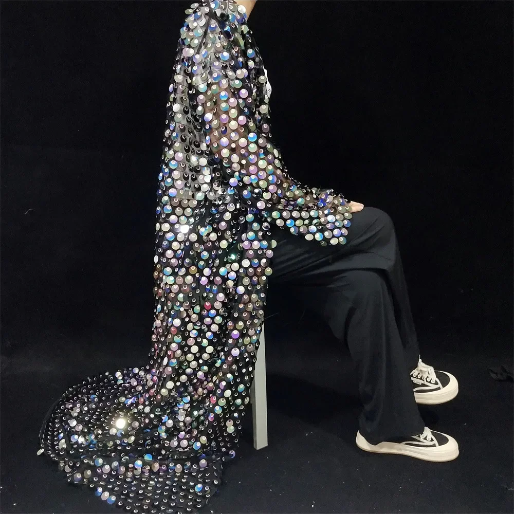 Mesh Long Coat Sparkly Sequins Carnival Party Model Walk Show Cloak Overcoat Performance Clothes Bar Nightclub Dance Costume