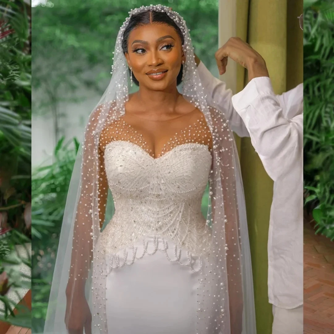 Neues Kirchen-Memaid-Hochzeitskleid 2026, transparenter Hals, Perlen, Pailletten, lange Illusionsärmel, Braut-Brautkleider, afrikanische Vestidos De Noiva