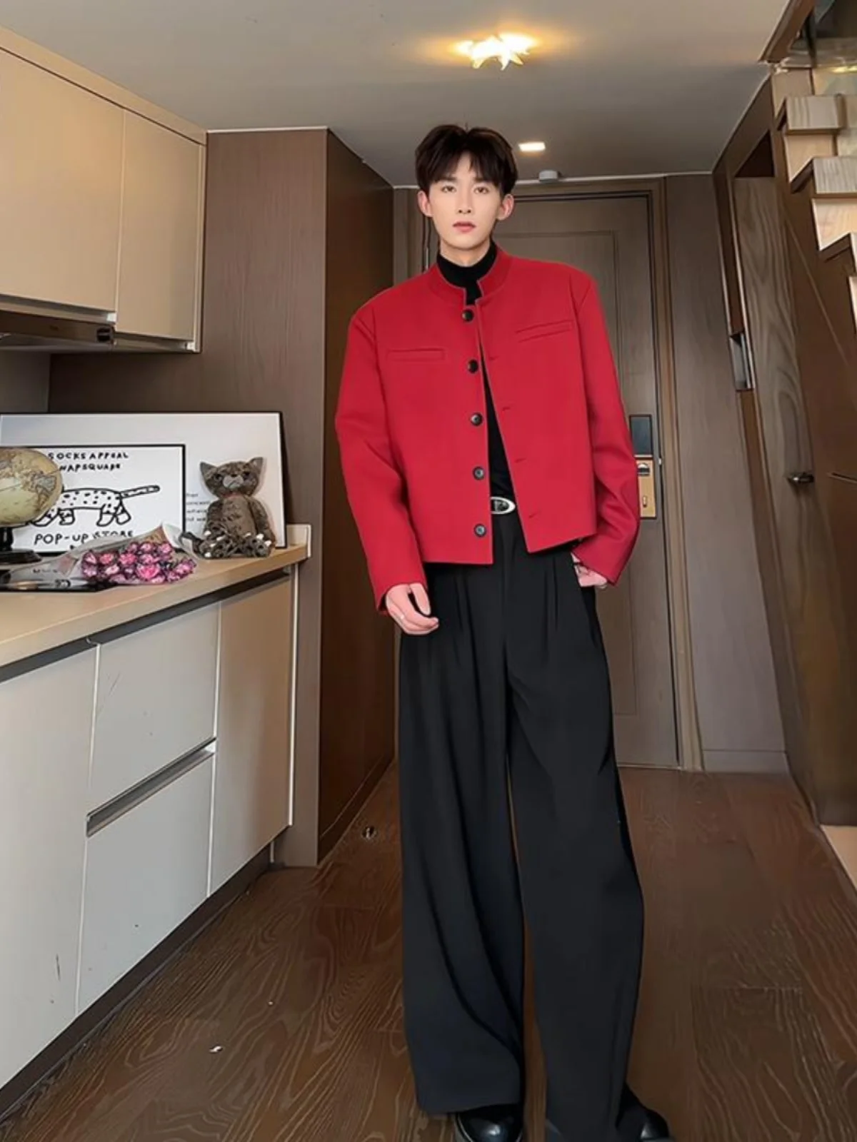 

ort Mens Jaet Korean Sle Button Decorated oulder Padded Casual Red Color Youth Faion Autumn Spring Wear
