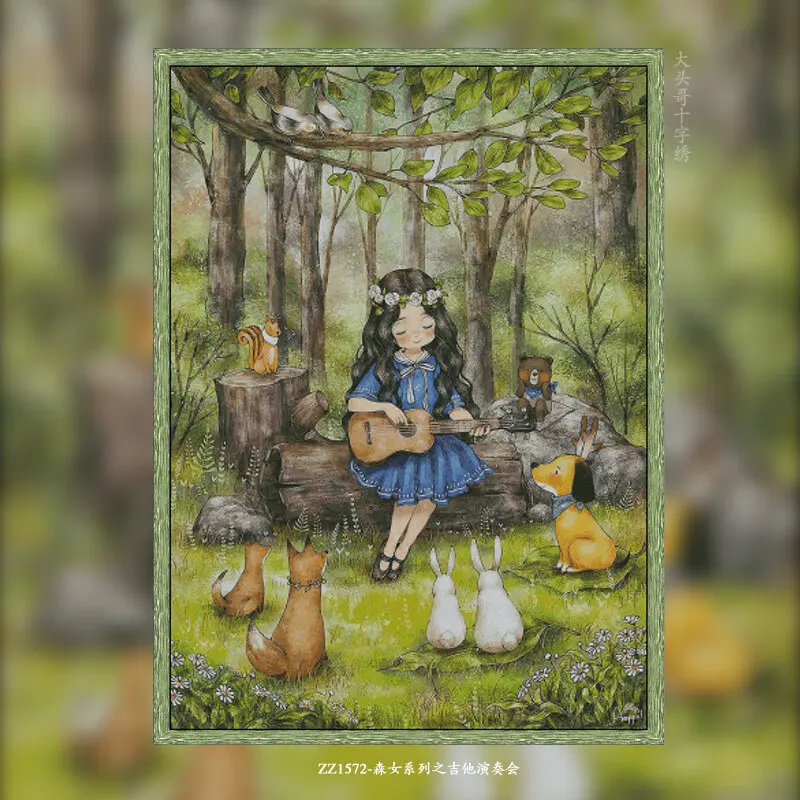 [ZZ1572-Mori Girl Series Guitar Concert] Printed Cross Stitch Kit 14CT 16CT, Embroidery Craft, Needlework Supplies
