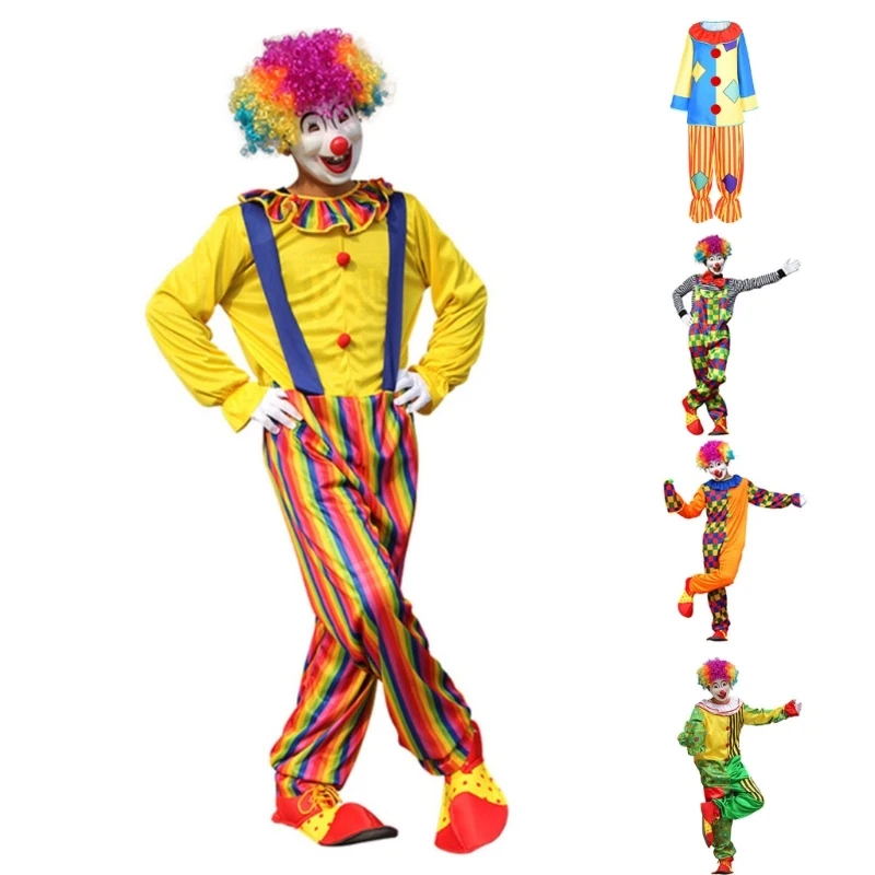 Q0KE Halloween Volwassen Grappige Circus Clown Kostuum Ondeugende Harlekijn Uniform Drama Rekwisieten