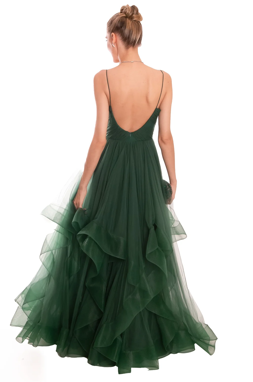 Jessica Curly Edge Layering Prom Dresses Dark Green Evening Dress Tulle Sexy Backless Formal Occasions Elegant Lady Party Dress