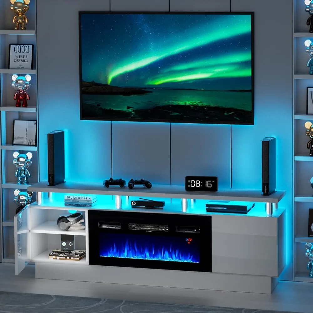 

Fireplace TV Stand with 36" Electric Fireplace,2 Tier TV Console Stand, LED Light Entertainment Center, for TVs Up to 80", Firep