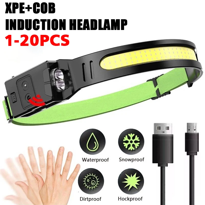 USB Rechargeable Headlamp with Sensor LED Headlamp Head Torch With Built-in Battery Head Flashlight For Camping Fishing Lantern