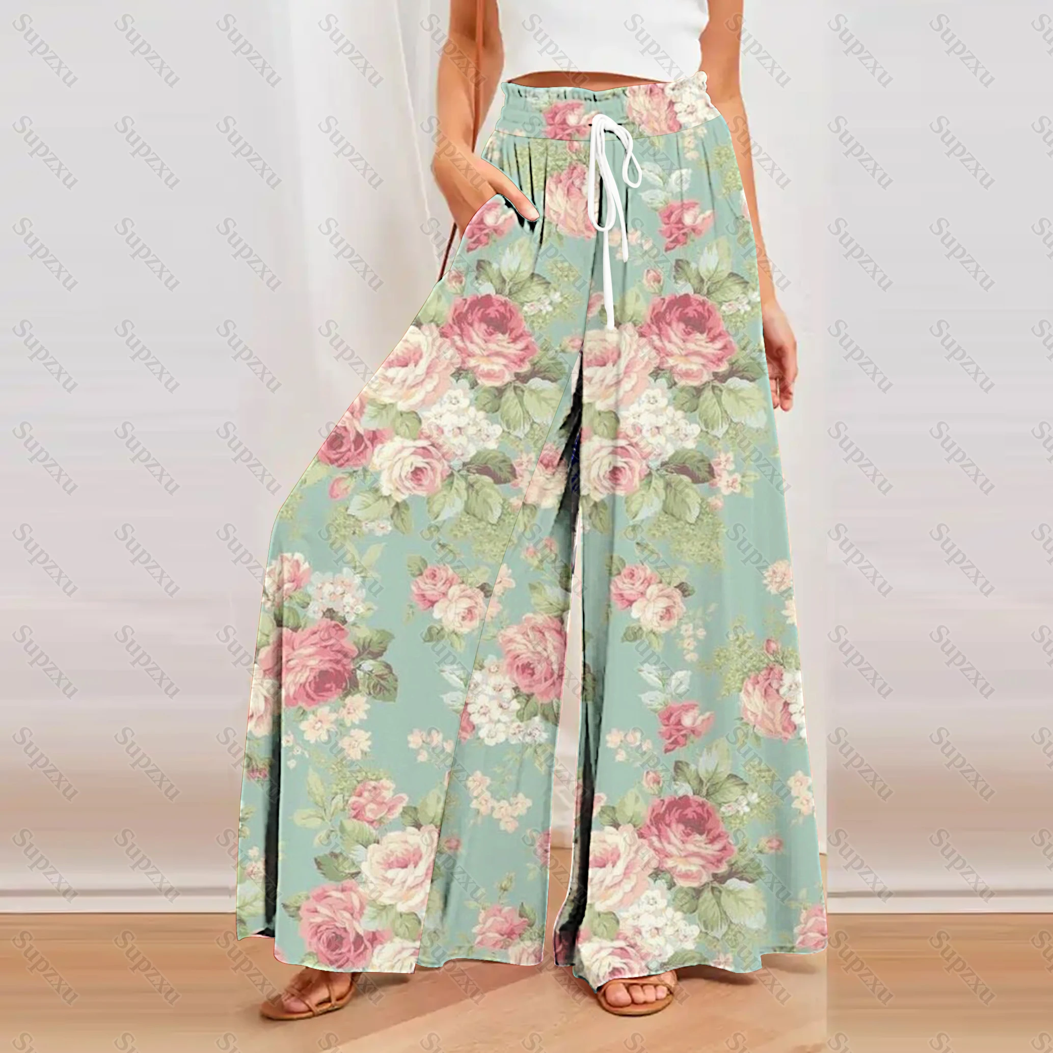 2023 Korean New 3D Digital Printing High Quality Women's Floor Dragging Pants Autumn Leisure Breathable Fashion Wide Leg Pants