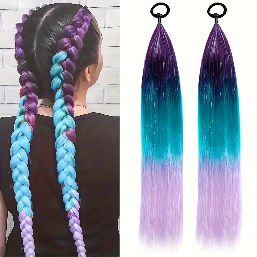 26inch Ombre Hair Extensions With Hair Tinsel Synthetic Braided Colorful Ponytail DIY Jumbo Ponytail Hair daily Holidays Wear