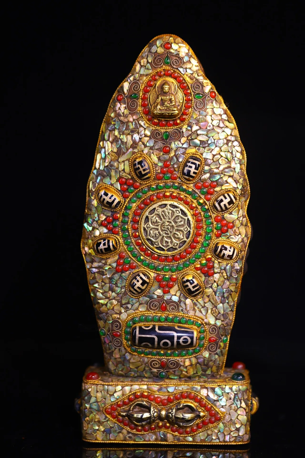 

10"Old China Collections Old Natural Meteorite Painted Mosaic Gem gZi Beads Shell Longevity Buddhist Niche Worship Hall