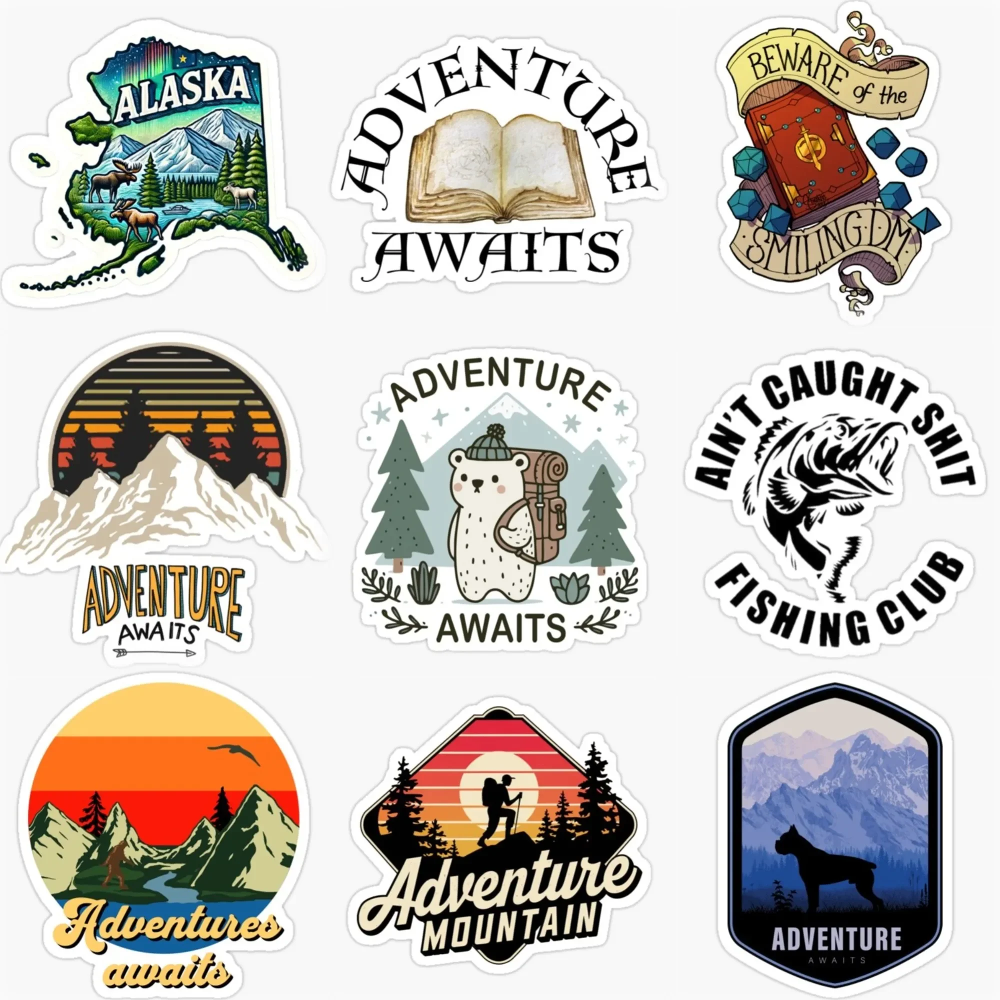 

Adventure Awaits Travel Camping Mountain Car Stickers for Van Bicycle Motorcycle Helmet Bumper Creative PVC Decal Accessories