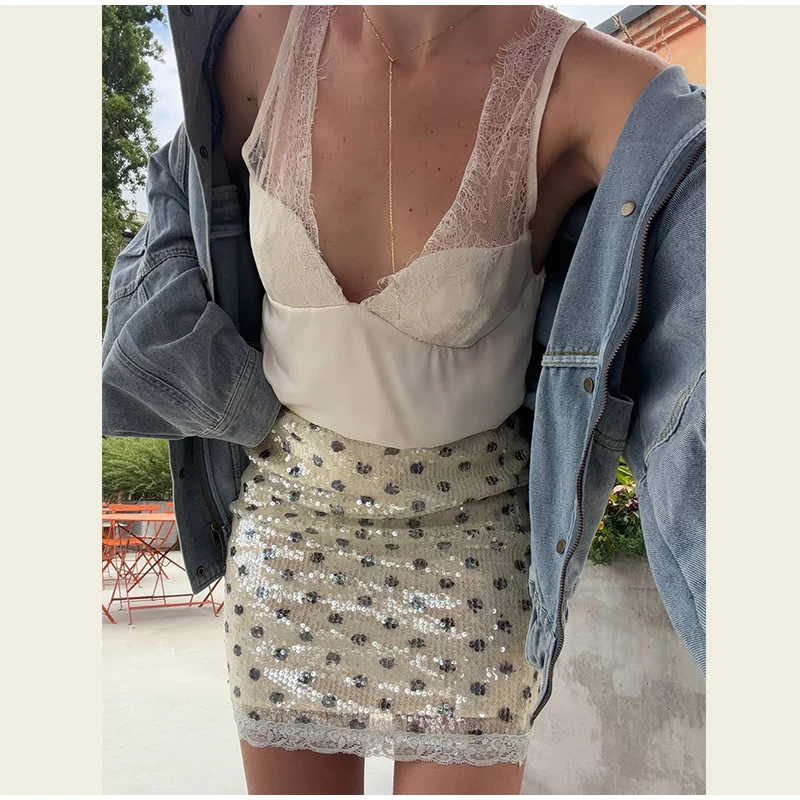 Spitzen-Patchwork Pailletten-Minirock für Damen Sexy Hochgeschnittener Hüftbetonter A-Linien Glänzender Etuikleid-Rock Charmante Damen-Partykleidung Neu – Detail 12