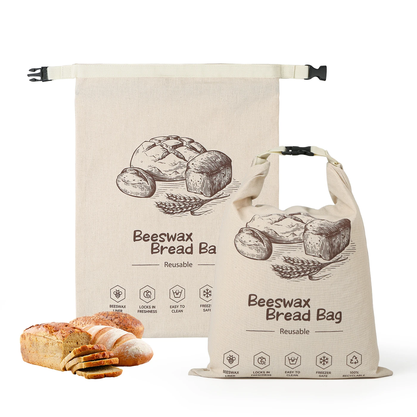 Reusable Eco-Friendly Bread Bags - Beeswax Bags with Organic Snap Fasteners and Zippers for Bread Preservation