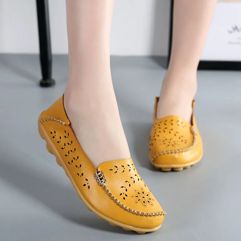 Summer Women\'s Ballet Flats Genuine Leather Hollow Out Casual Shoes Woman Slip on Loafers Flats Soft Oxford Shoes Zapatos Mujer