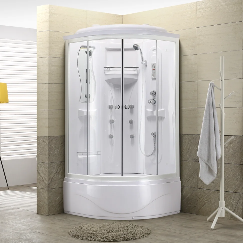 Rectangle Integral Shower Room Simple Room, White Steam Bath Room Curved High And Low Basin Bathroom