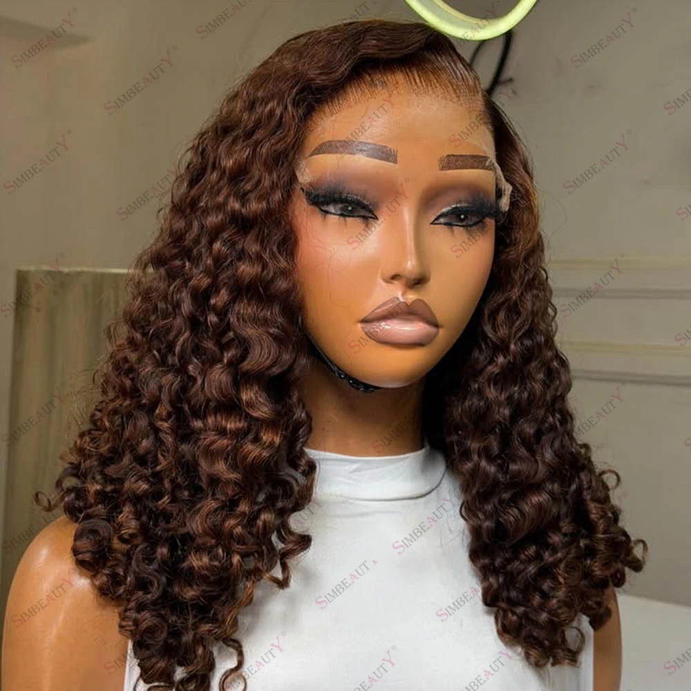 

4# Brown Human Hair Side Parted Glueless 5x5 HD Lace Closure Wigs Afro Curly 200Density Pre Plucked Hairline Invisible Lace Wig