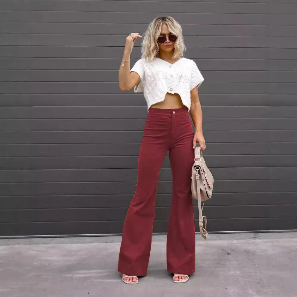 ハイウエストコーデュロイカラーカジュアルパンツエレ女性のマイクロフレアパンツ秋冬新着レディースファイオン