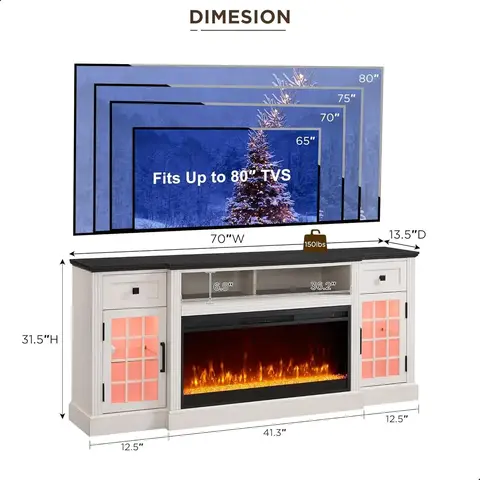 （XMSJ-Hot）Fireplace TV Stand for 80 Inch TV, Farmhouse Highboy Entertainment Center w/LED Lights & 36" Electric Fireplace, Stora