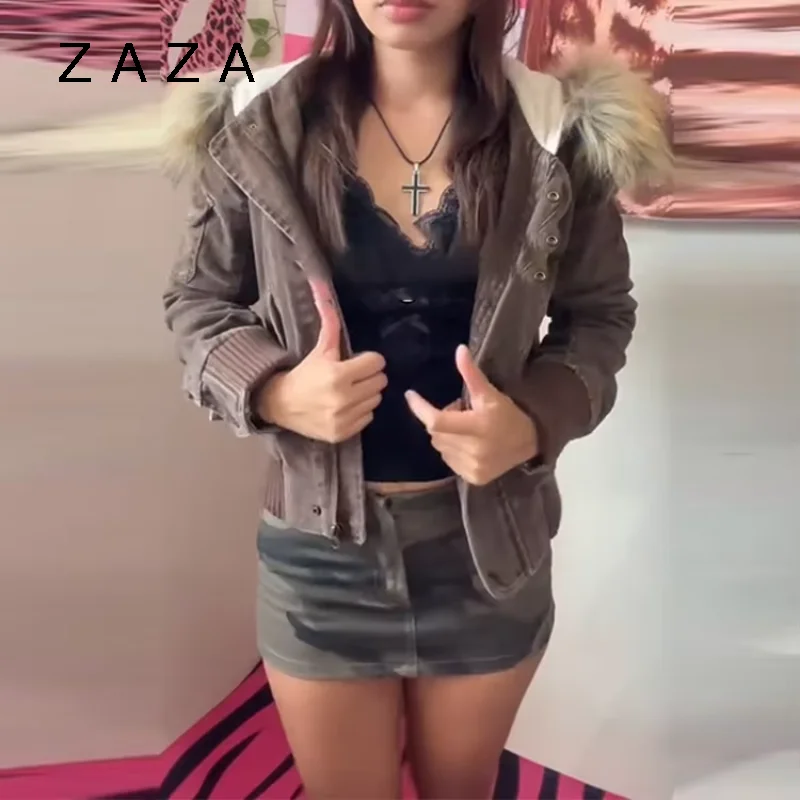 Chaqueta con capucha y cuello de piel marrón Vintage para mujer, abrigo ajustado de manga larga con bolsillo, ropa de calle firme para otoño e invierno 2025