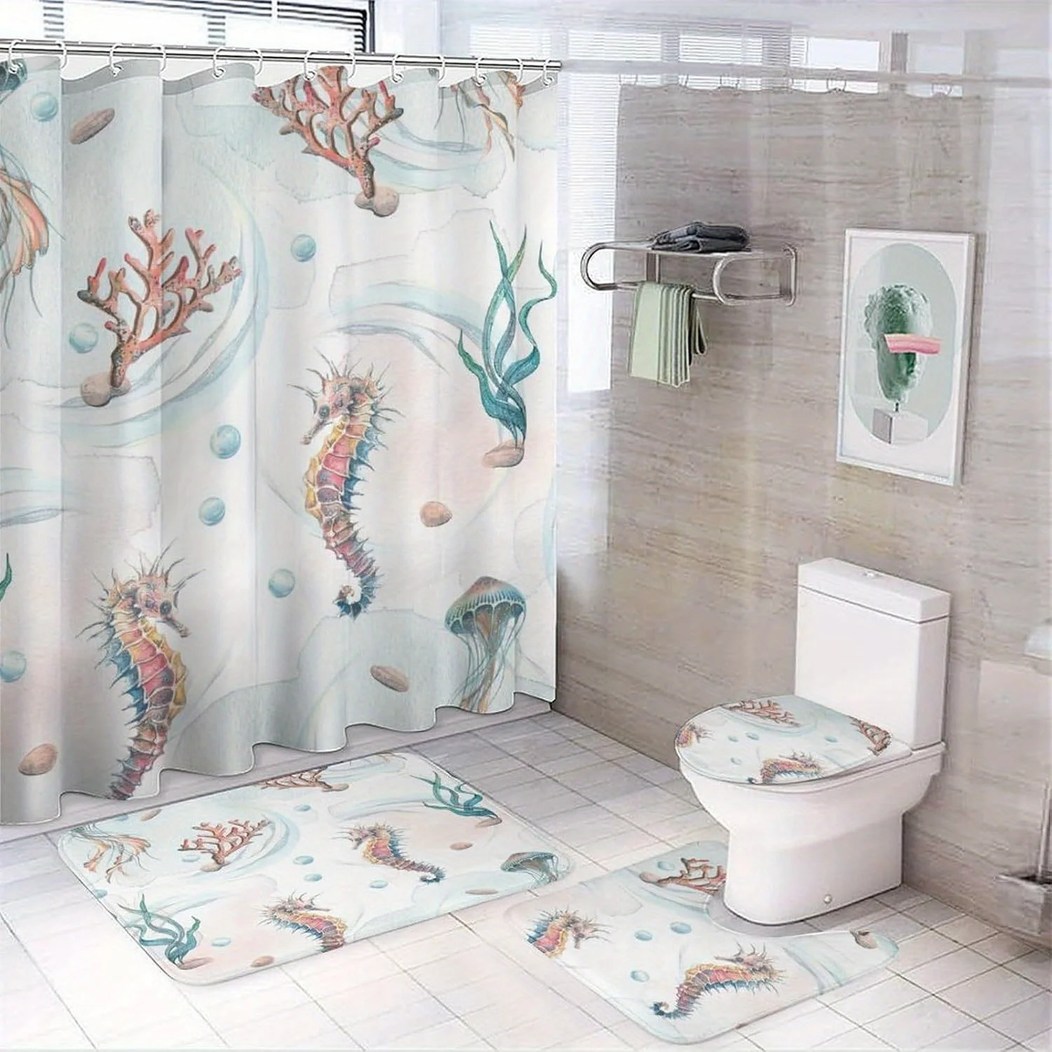 

4 шт., акварельное побережье, морской конек, машинная стирка, полиэфирная ткань, занавеска для душа, коврик для унитаза, нескользящий коврик, U-образный коврик