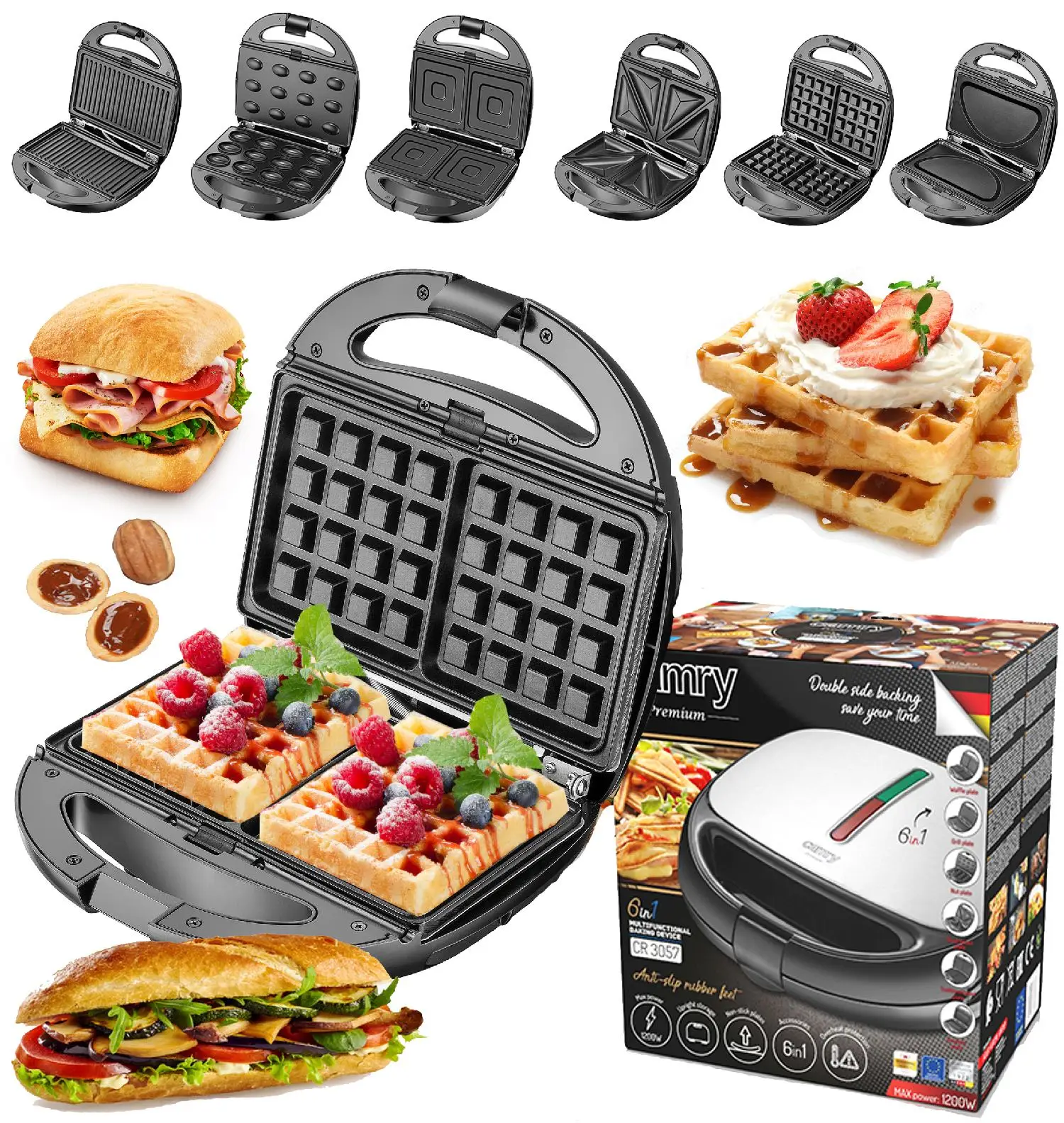 Camry Tostapane per panini 6 in 1, piastrelle antiaderenti da 1200 W, manico sicuro, multifunzionale, argento/grigio