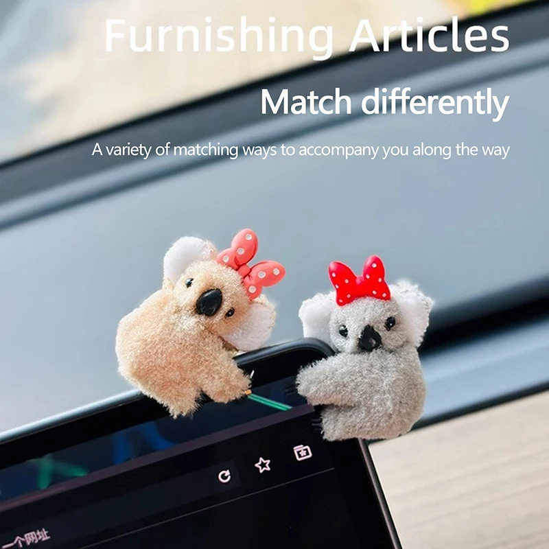 

Plush Cute Bow Koala Doll Car Interior Decoration Auto Rearview Mirror Control Screen Decor Sun Visor Card Clip Gift