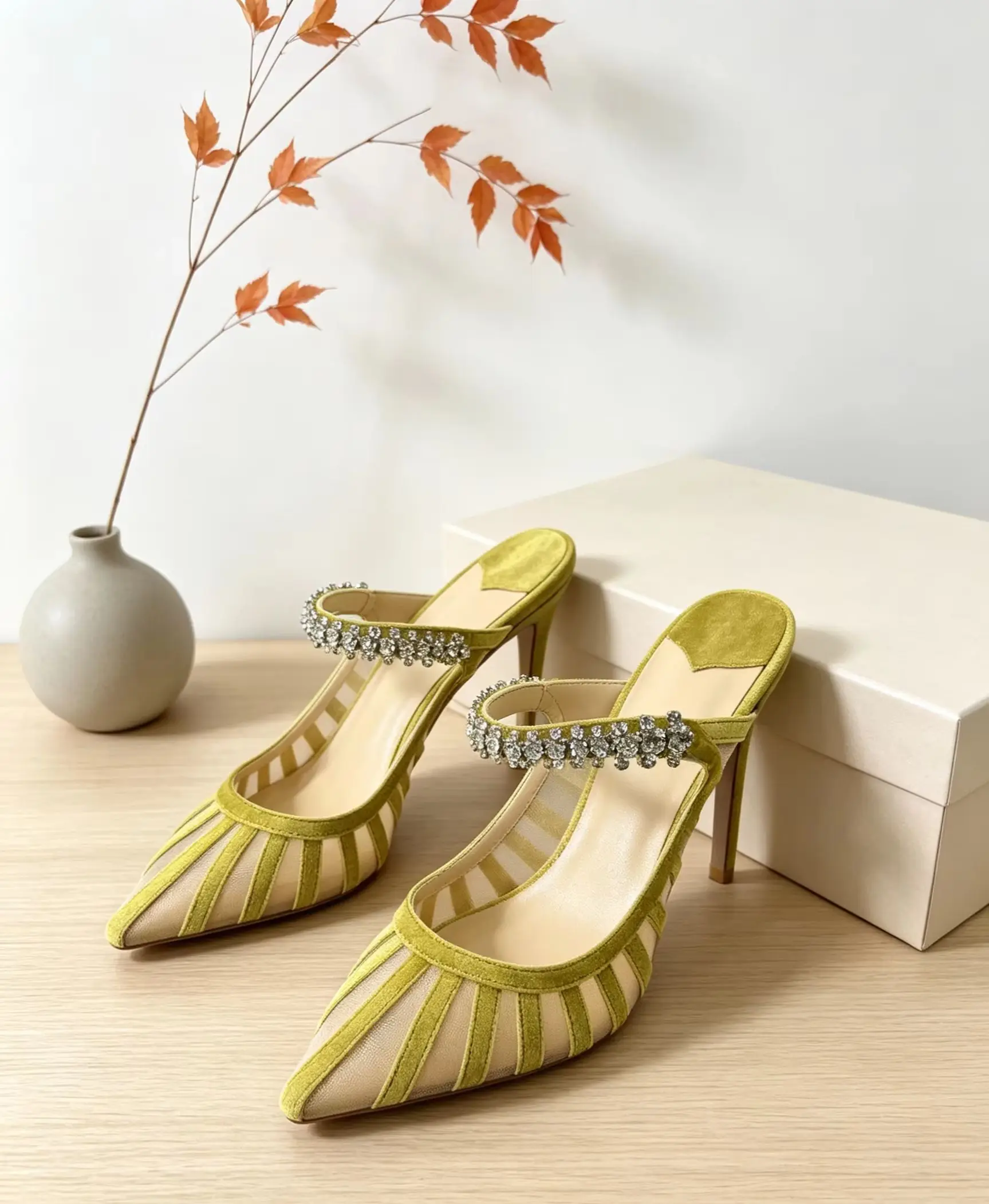 Olive Velvet 2026 Summer Mesh Mule Pointed Mules Stiletto Heels Pumps Crystal Strap Elegant Sandals Formal Party Lady Daily Shoe