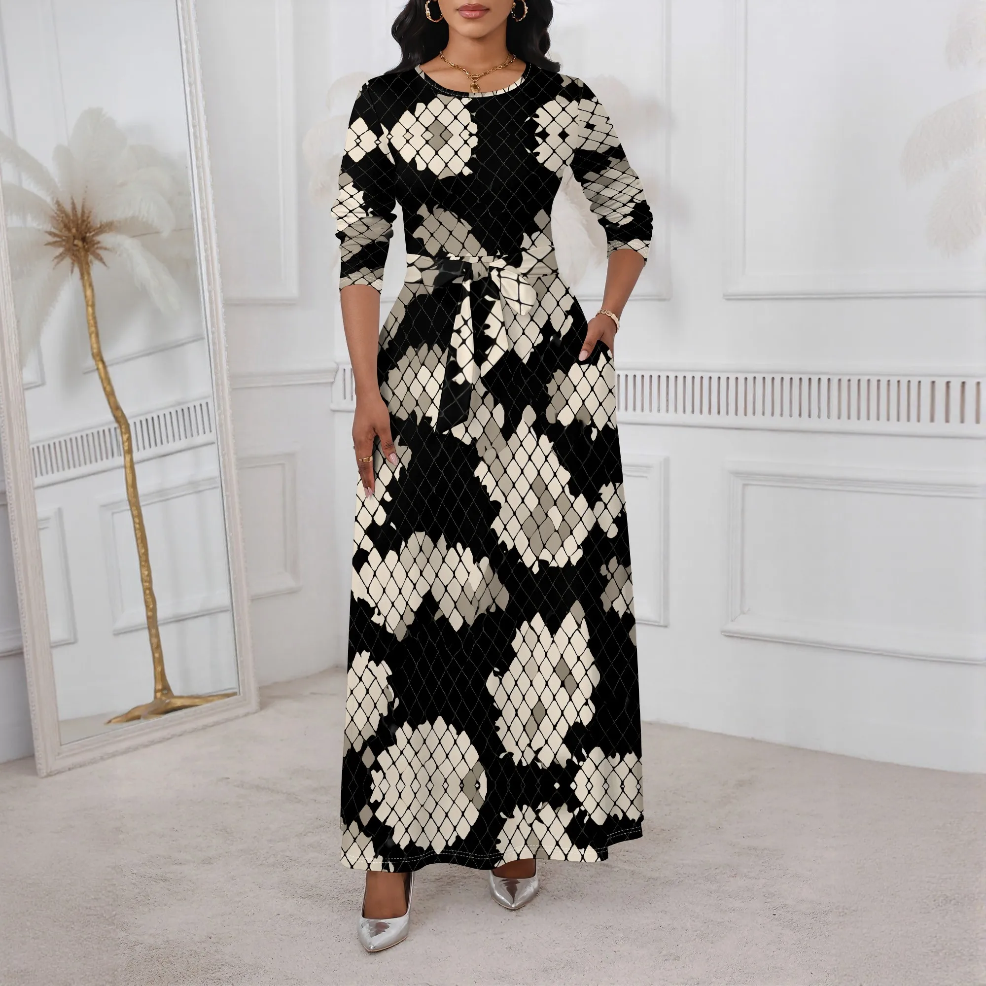

Black Beige Tribal Grid Print Maxi Dress XS-3XL Round Neck Long Sleeve Belted Style for Church, Culture Fest or Fall Brunch Look