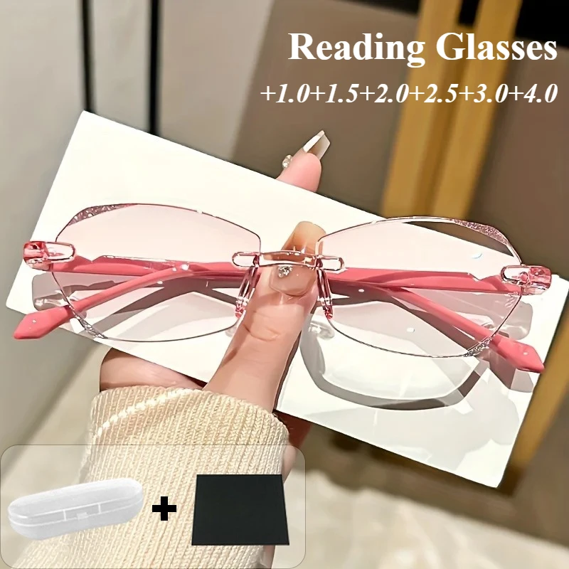 Modische Lesebrille für Damen, randlose Brille +1,0 ~ +4,0, leichte PC-Linsen und Anti-Blaulicht-Brillengläser