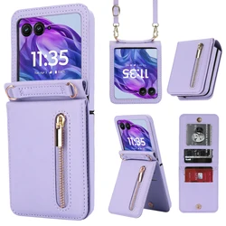Crossbody Cards Solt Zipper Wallet Leather Phone Case For Motorola Razr 50 Ultra Cover With Lanyard Card Holder Bag Funda Coque