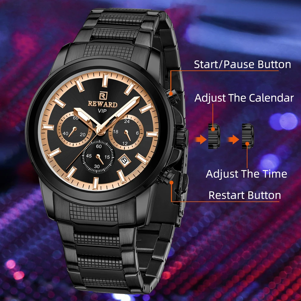 REWARD Luxury Watches for Men Stainless Chronograph Quartz Wristwatches Luminous Waterproof Sport Watch Date Male Clock