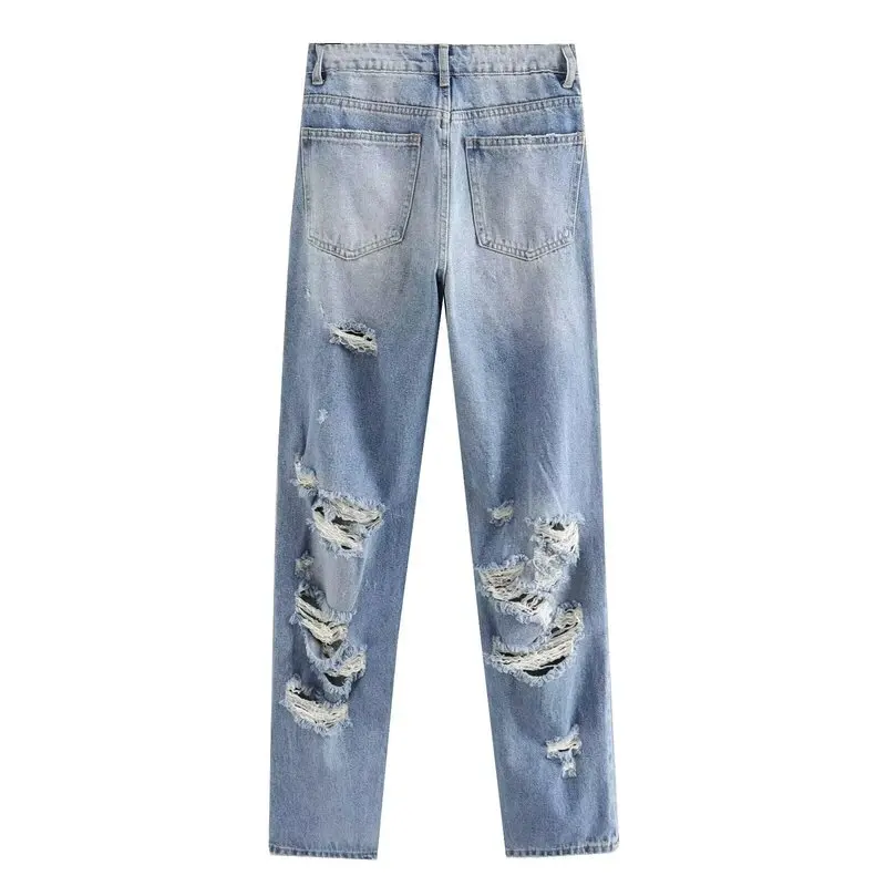 Summer 2025 Women's Casual Sle Denim Pants Long Decorative Hole Design Loose Fit Wide Leg Jeans l Waist Zipper