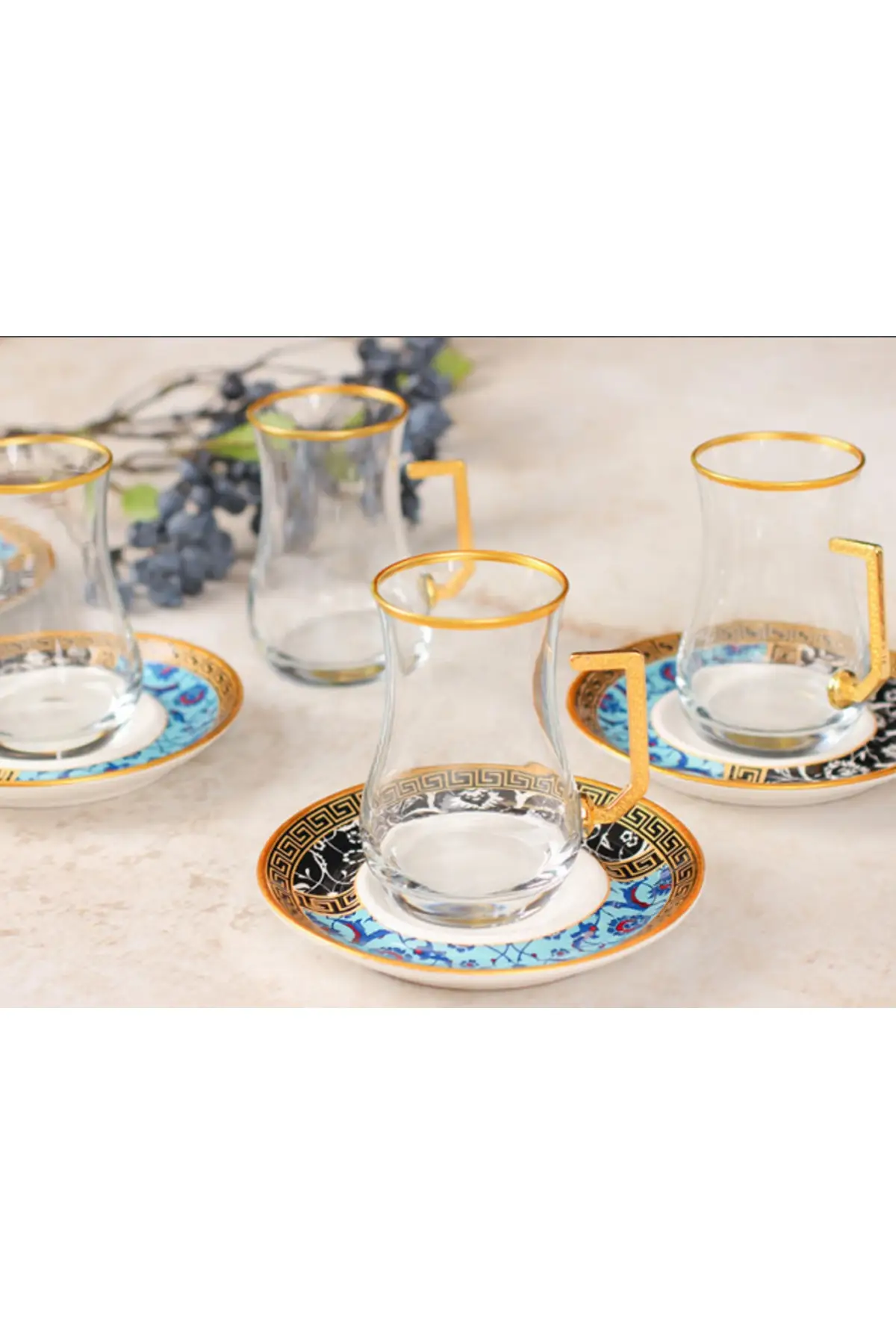 

DOLBOVI Turquoise Black 6 S With Handle Tea Takımı English Tea Glass Cup