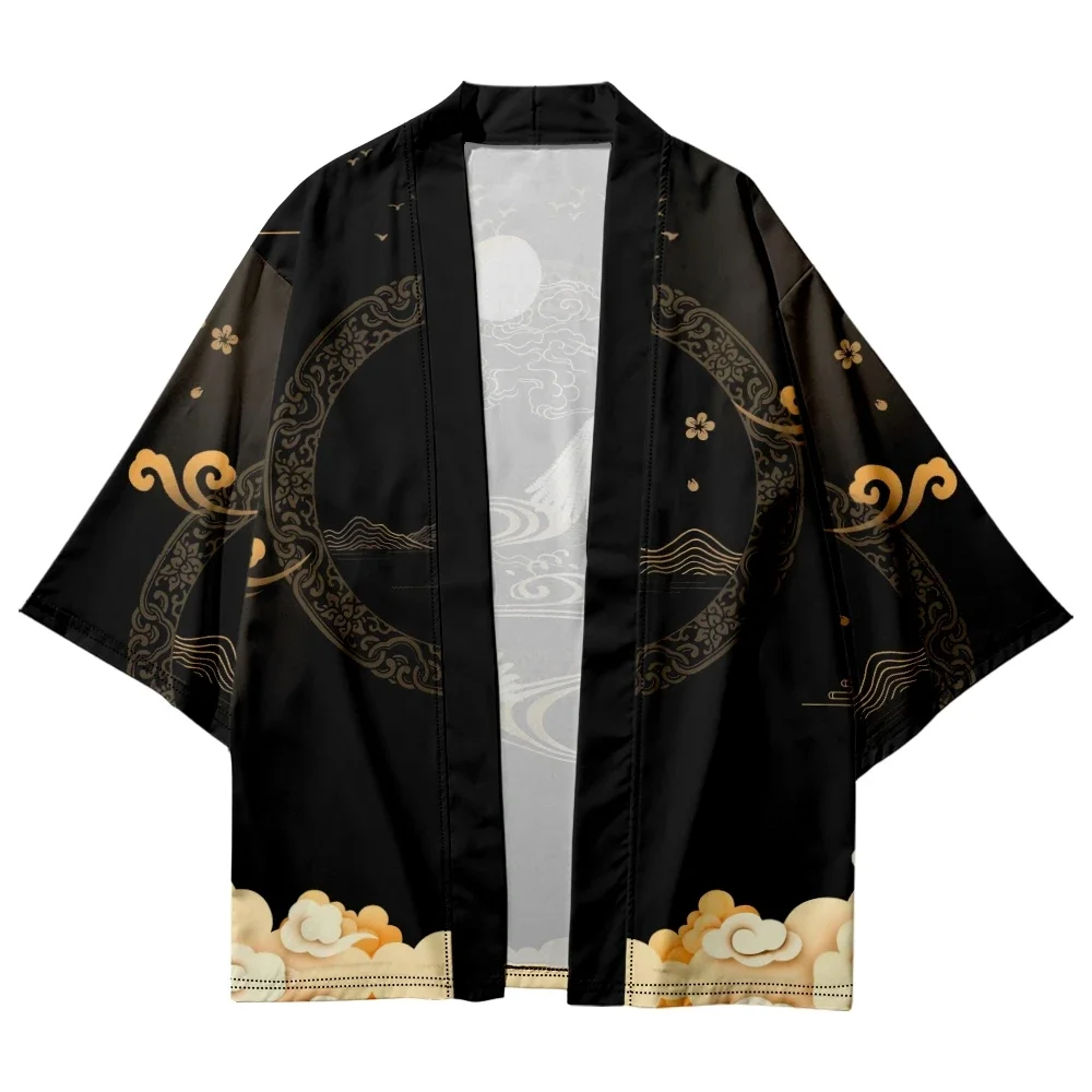 Harajuku موضة كرين مطبوعة ثوب الكيمونو الياباني التقليدي الشارع الشهير سترة سوداء رداء النساء الرجال Haori توب يوكاتا #1