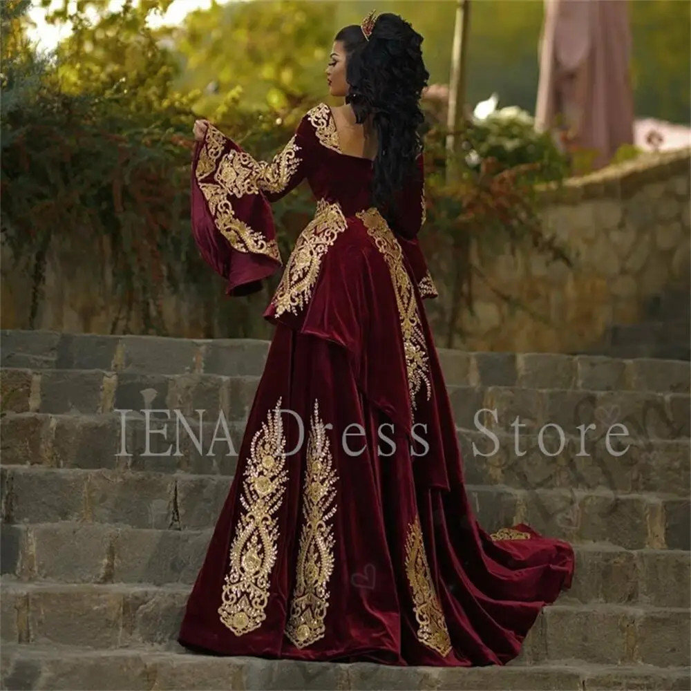 14627#Moroccan Caftan Velvet Arabic Evening Dress with Detachable Train Mermaid Prom Appliques Gold Lace Long Sleeve Party Gowns