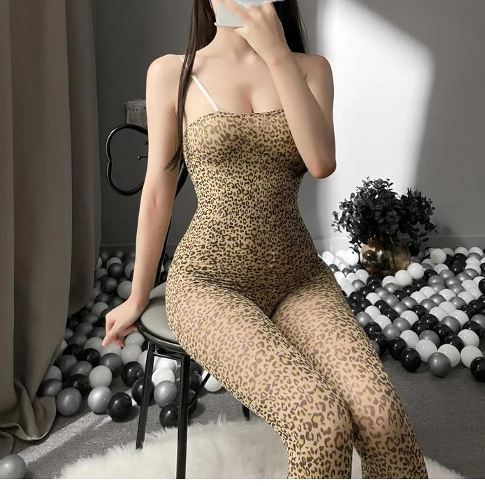 Sexy Woman Jumpsuit Women Hot Leopard Sexy Long Sleeve Halter Bodysuit Lady Sex Costumes Fashion Style Asymmetrical Clothes