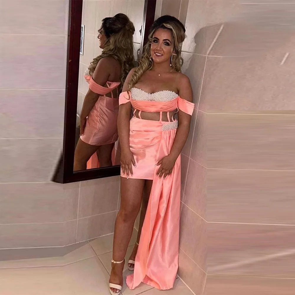 

Mini Short Cocktail Dress Sheath Off The Shoulder Cocktail Gown For Women Pearls Beading Sleeveless Party Gown With Shawl