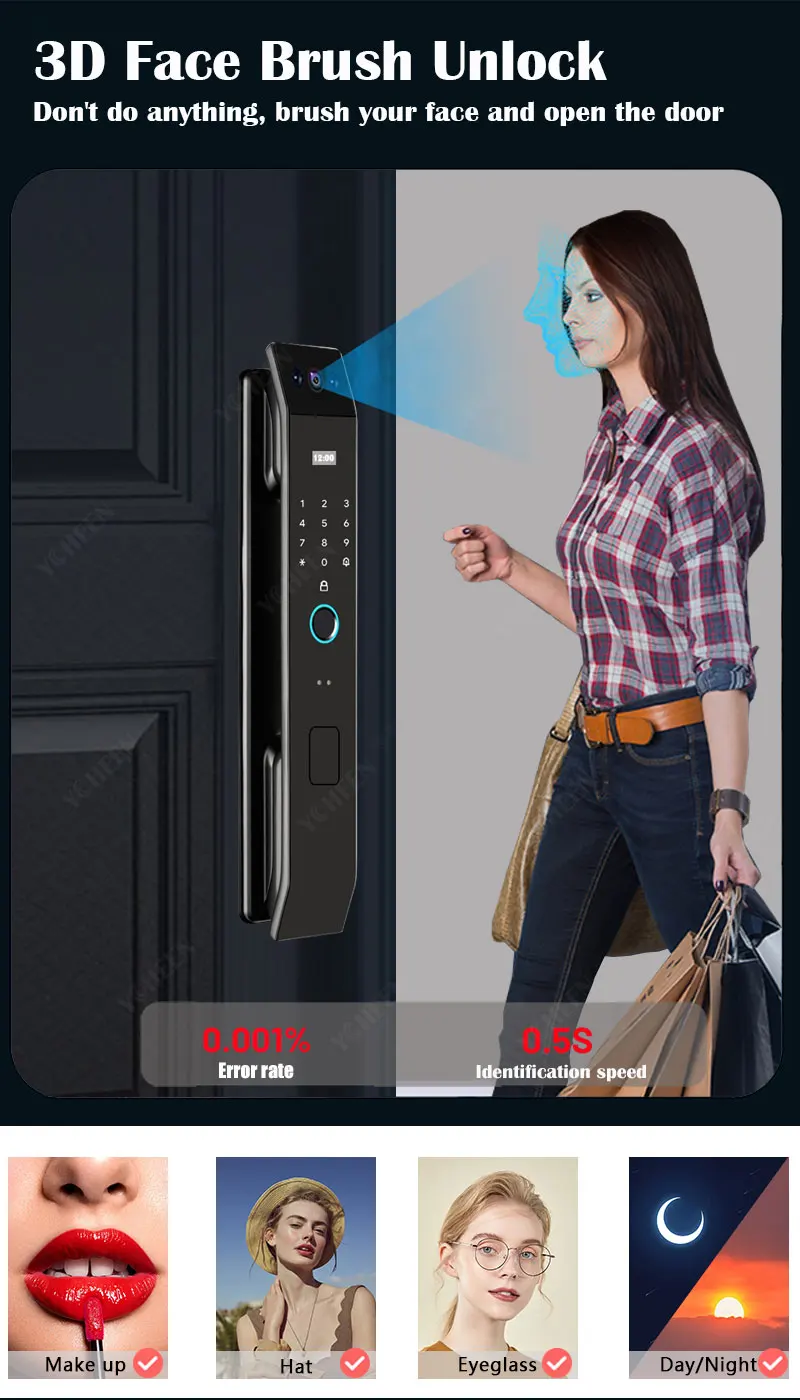 Imagem -04 - Face Recognition Door Lock Tuya App Vídeo Intercom Desbloquear Digital Smart Lock Cartão Chave de Impressão Digital Nfc Phone Lock 3d