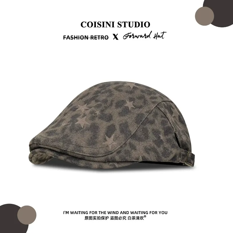 American Retro Leopard Print Star Berets for Women Summer Autumn Travel Sun Protection Versatile Literaty Forward Hats Men