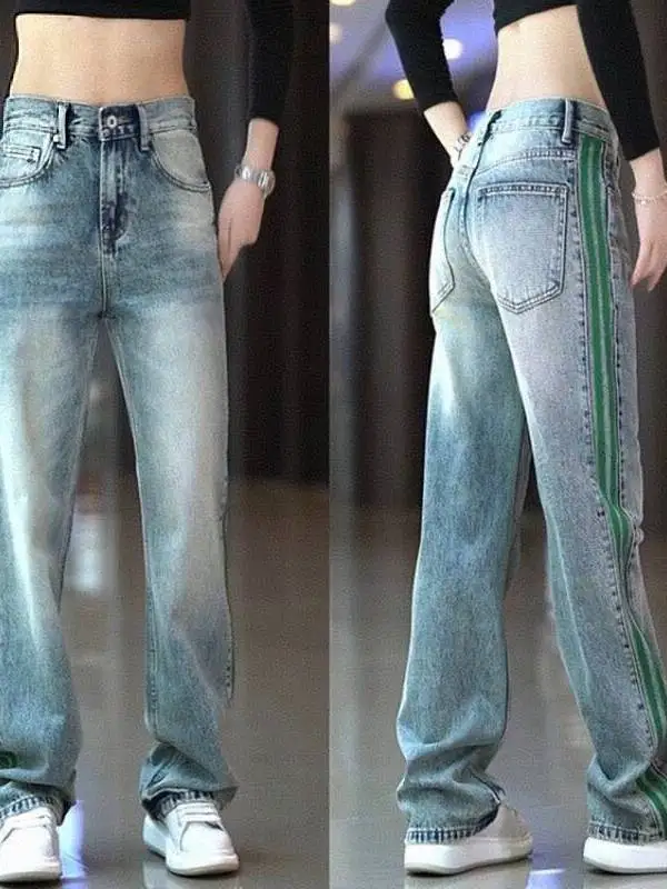 

Весенне-осенние джинсы в клетку, мужские модные свободные прямые повседневные брюки, эластичные джинсовые длинные брюки в американском стиле с завышенной талией