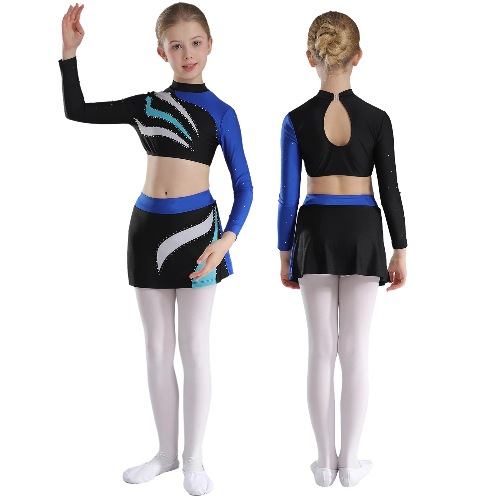 

Kids Girls Gymnastics Figure Skating Cheerleading Dance Outfit Contrast Color Shiny Rhinestones Long Sleeves Crop Tops+Skirt Set