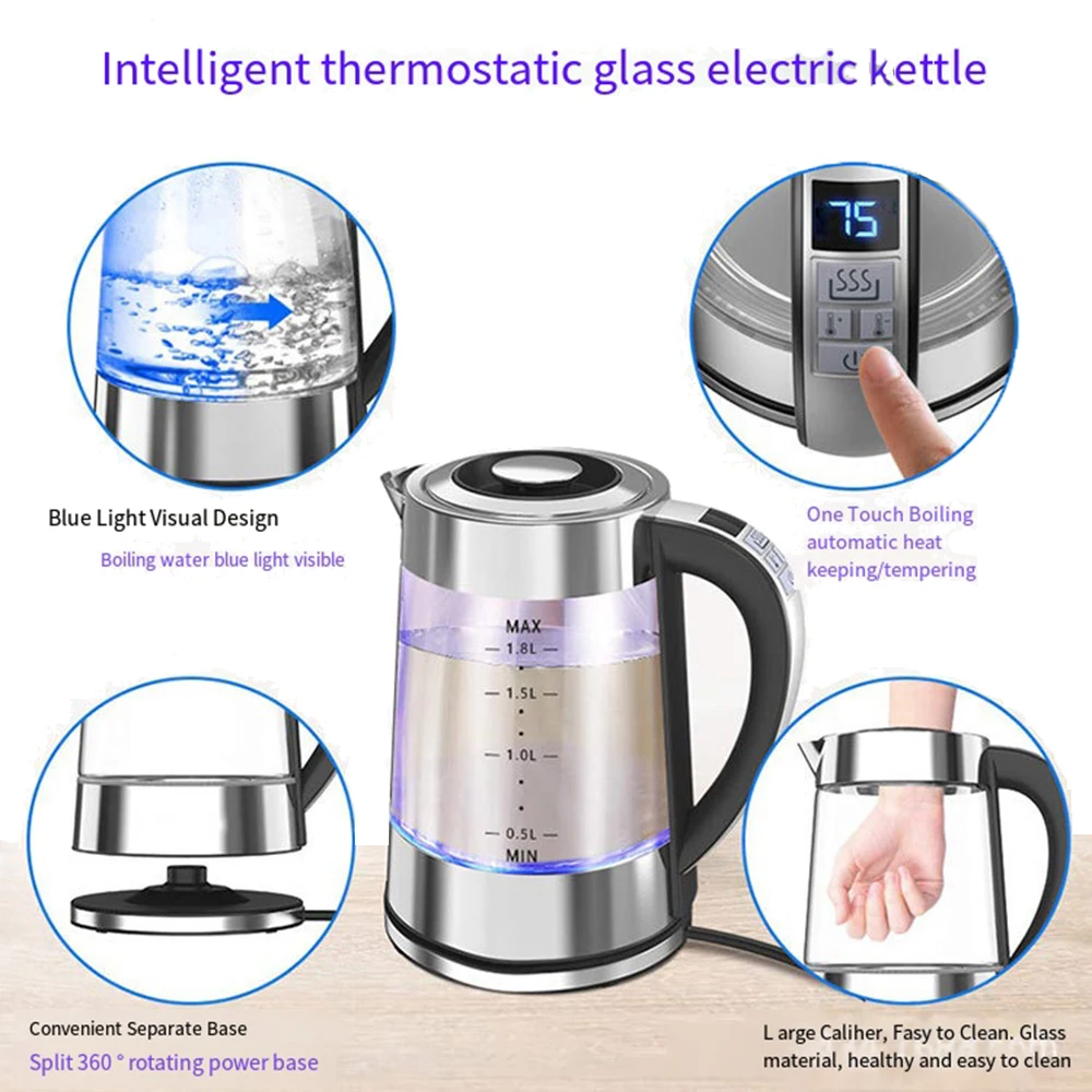 Intelligent Thermostatic Glass Electric Kettle 1.8L Household Boilng Water Multifunction 220V Automatic Power Off Insulation