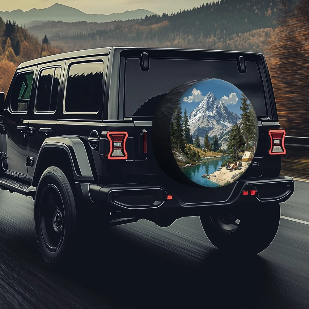 Mountain Camping Scene Spare Tire Cover for SUV RV Camper Universal Fit Weatherproof Tire Protector
