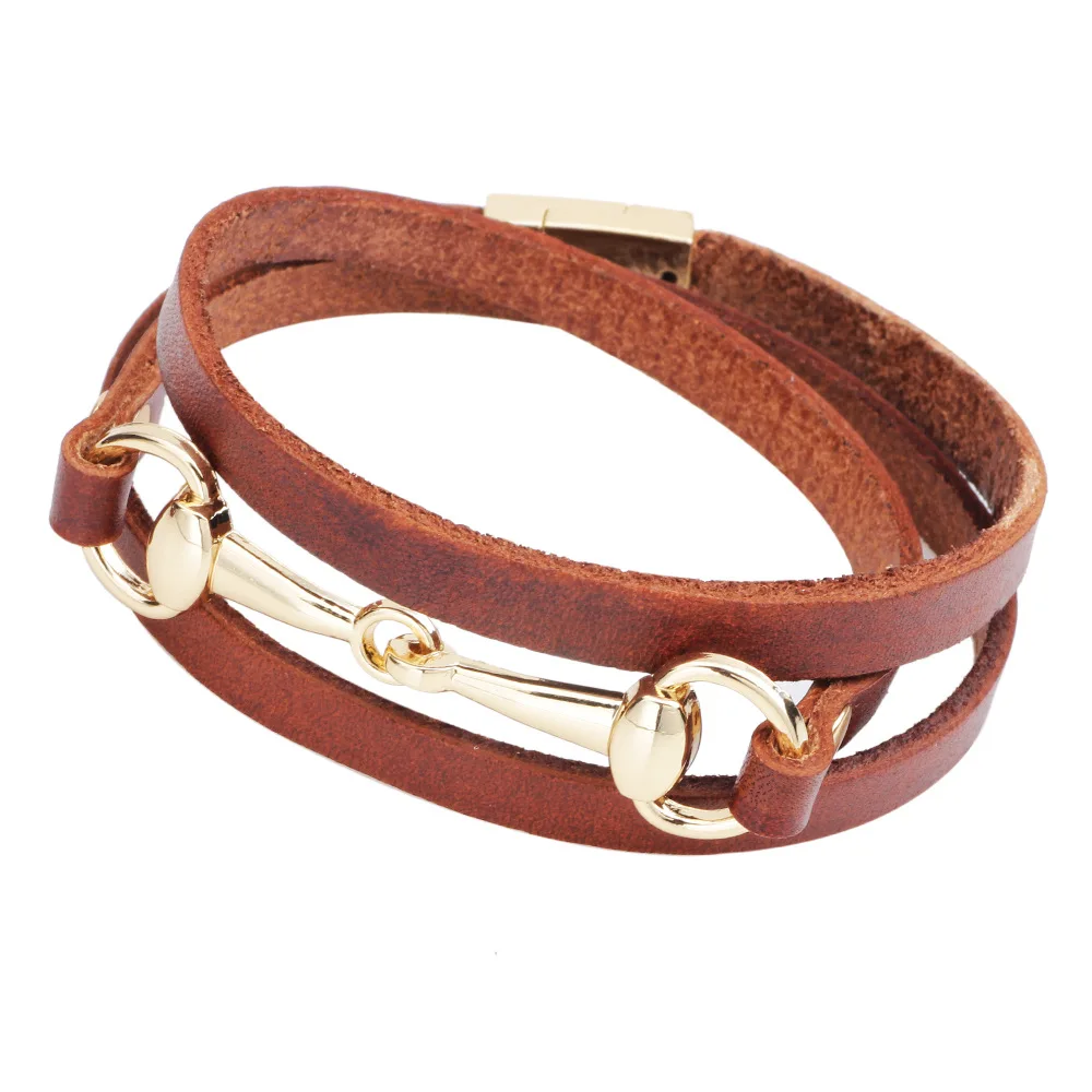 Kirykle Brand Brown Black Multilayer Leather Bracelets for Women Femme Bohemian Style Magnetic Buckle Bracelet Female Jewelry