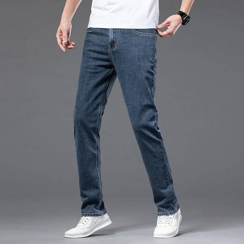 Spring Summer Men's Thin Straight Jeans Smooth Fabric Loose Denim Stretch Trousers Male Brand Pants Blue