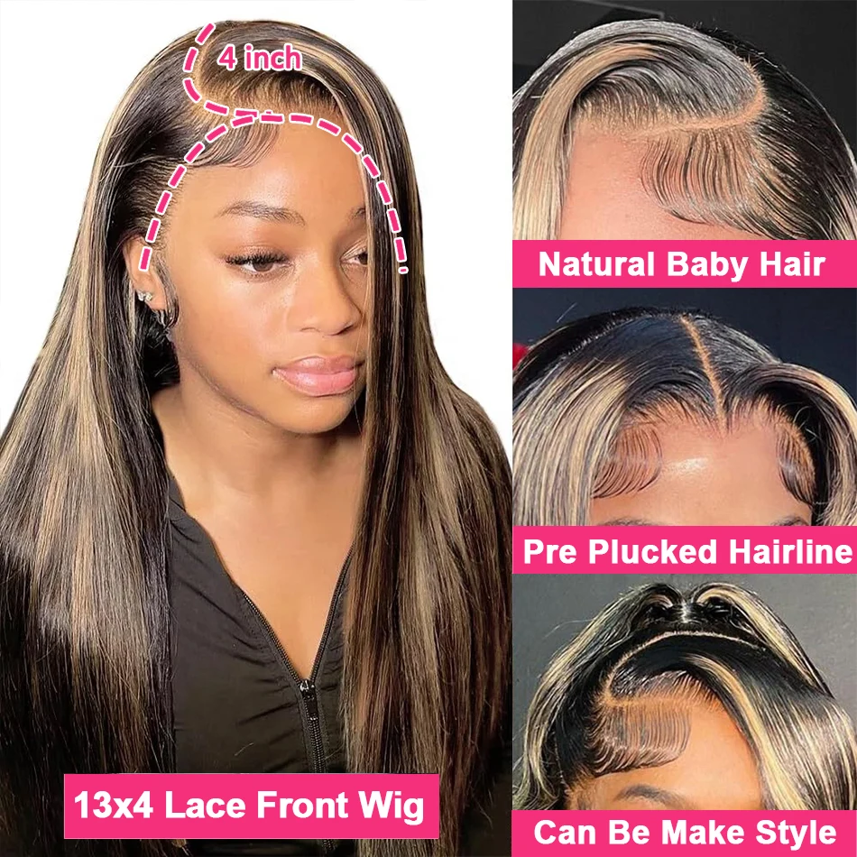 1B/27 ハイライトボーンストレート 30 インチ 13x4 HD レースフロント人毛ウィッグ 200% 密度ブラジル産人毛ウィッグ