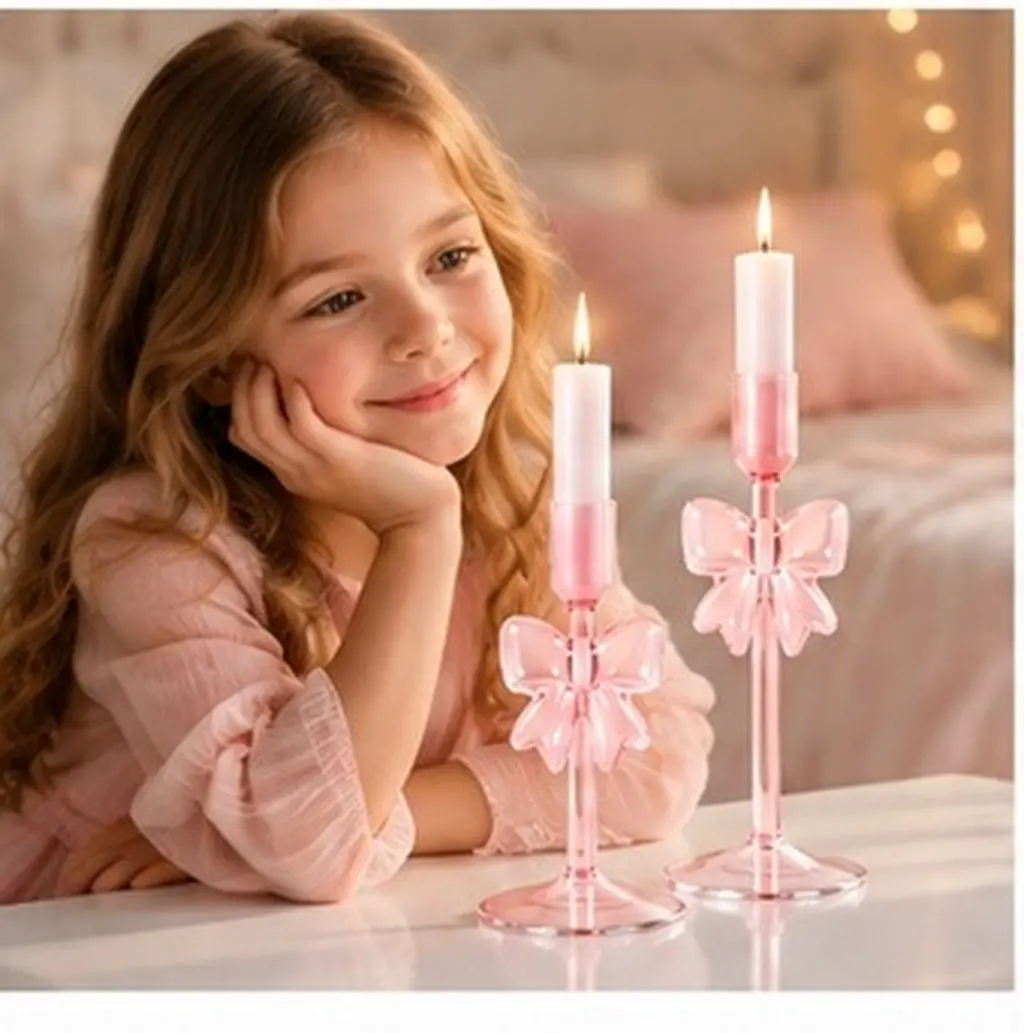 2Pcs Pink Bow Glass Candlestick Holders Decorative Holders for Table Centerpiece Elegant Taper Stand