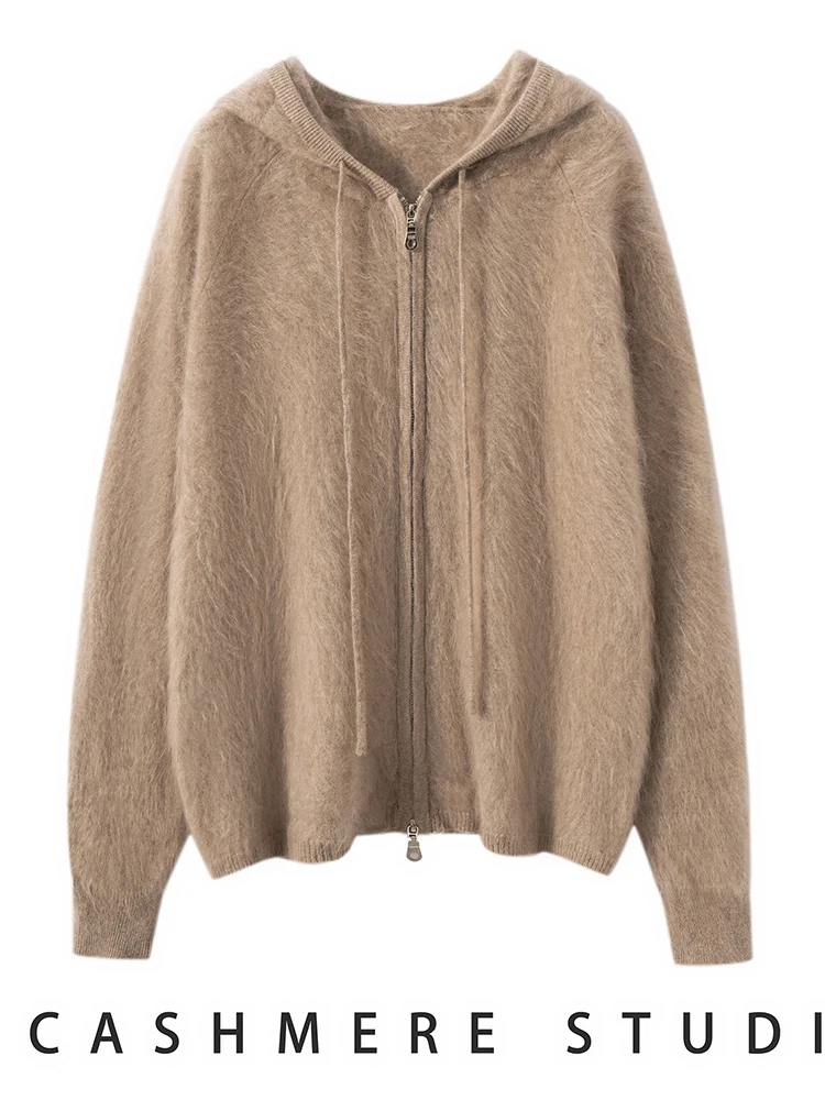 TLOML-suéter elegante de Cachemira de felpa para mujer, cárdigan con capucha y cremallera, abrigo cómodo de punto de Cachemira cepillado suave y cálido para otoño e invierno, 100%